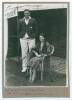 Arthur Brian Sellers. Yorkshire 1932-1948. Original mono photograph of Sellers standing full length wearing cricket attire and Yorkshire blazer with his fianc&eacute;, Miss Bessie Walker, seated beside. The couple are situated in front of the President&rsquo;s tent at