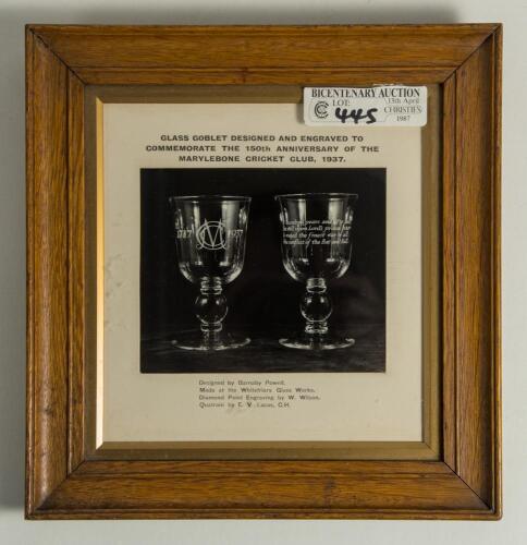M.C.C. 150th Anniversary 1937. Original mono photograph of &lsquo;The glass goblet designed and engraved to commemorate the 150th anniversary of the Marylebone Cricket Club, 1937&rsquo;. The photograph measures approx. 6.5&rdquo;x5.5&rdquo;, mounted, framed and glazed, overall 1