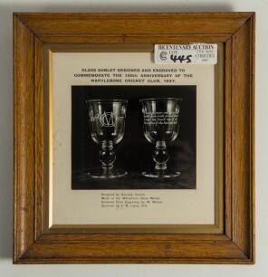 M.C.C. 150th Anniversary 1937. Original mono photograph of &lsquo;The glass goblet designed and engraved to commemorate the 150th anniversary of the Marylebone Cricket Club, 1937&rsquo;. The photograph measures approx. 6.5&rdquo;x5.5&rdquo;, mounted, framed and glazed, overall 1