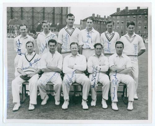 England v West Indies 1950. Original mono press photograph of the England team seated and standing in rows wearing cricket attire for the 4th (final) Test v West Indies at The Oval, 12th- 16th August 1950. The photograph nicely and fully signed by all ele