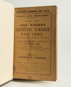 Wisden Cricketers&rsquo; Almanack 1893. 30th edition. Bound in dark brown boards, with original wrappers, title and date in gilt to spine. Some staining to wrappers, minor soiling otherwise in good condition