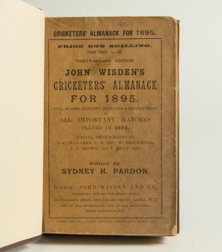 Wisden Cricketers&rsquo; Almanack 1895. 32nd edition. Bound in dark brown boards, with original wrappers, title and date in gilt to spine. Some minor wear and age toning to wrappers, minor soiling otherwise in good condition