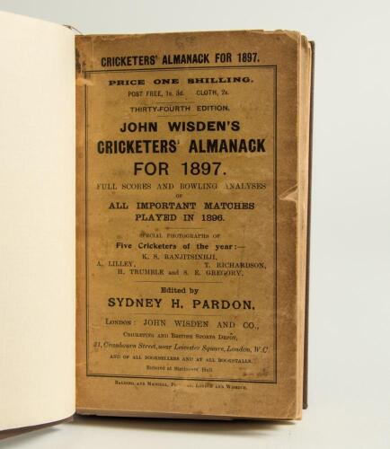 Wisden Cricketers&rsquo; Almanack 1897 and 1898. 34th & 35th editions. Both bound in dark brown boards, with original wrappers, title and date in gilt to spine. The 1897 edition with some page sections becoming loose, wear and age toning to wrappers, the 1898 e