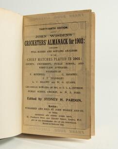 Wisden Cricketers&rsquo; Almanack 1902 and 1903. 39th & 40th editions. The 1902 edition bound in green boards and the 1903 bound in dark brown boards, both lacking original wrappers, title and date in gilt to spines of both books Both editions lacking some adve
