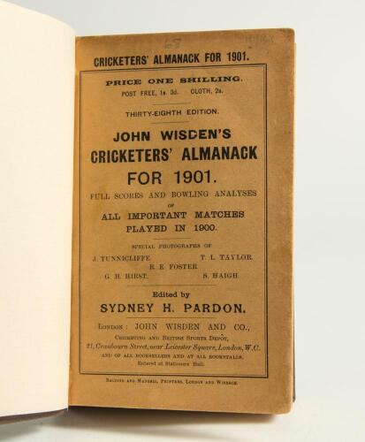 Wisden Cricketers&rsquo; Almanack 1901. 38th edition. Bound in dark brown boards, with original wrappers, title and date in gilt to spine. Good/very good condition