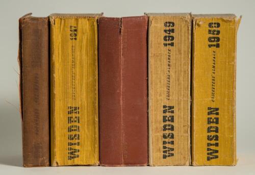Wisden Cricketers&rsquo; Almanack 1946, 1947, 1948, 1949 and 1950. The 1946 and 1948 are original hardback editions, the other three edition are original limp cloth covered editions. All with some faults, from faded gilt titles, broken internal hinges, bowing t