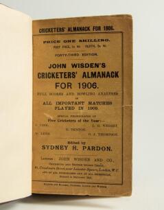 Wisden Cricketers&rsquo; Almanack 1906. 43rd edition. Bound in dark brown boards, with original wrappers, title and date in gilt to spine. Odd faults otherwise in good condition