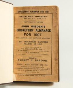 Wisden Cricketers&rsquo; Almanack 1907. 44th edition. Bound in dark brown boards, with original wrappers, title and date in gilt to spine. Some age toning and wear to wrappers, small corner loss to lower left hand front wrapper otherwise in good condition