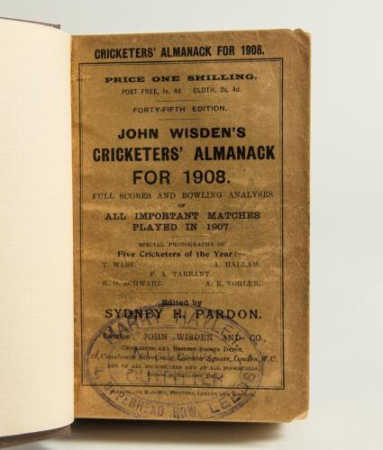 Wisden Cricketers&rsquo; Almanack 1908. 45th edition. Bound in dark brown boards, with original wrappers, title and date in gilt to spine. Some wear and age toning to wrappers, very small corner loss to front wrapper, library stamp to front wrapper otherwise in