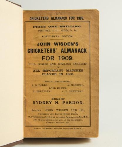 Wisden Cricketers&rsquo; Almanack 1909. 46th edition. Bound in dark brown boards, with original wrappers, title and date in gilt to spine. Some age toning to wrappers otherwise in good condition
