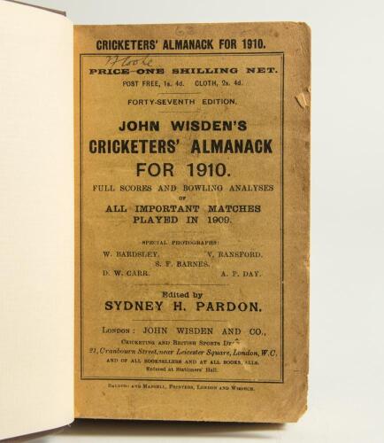 Wisden Cricketers&rsquo; Almanack 1910. 47th edition. Bound in dark brown boards, with original wrappers, title and date in gilt to spine. Odd minor faults otherwise in good condition