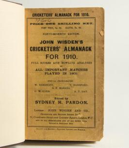 Wisden Cricketers&rsquo; Almanack 1910. 47th edition. Bound in dark brown boards, with original wrappers, title and date in gilt to spine. Odd minor faults otherwise in good condition