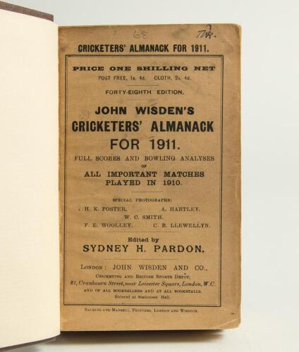 Wisden Cricketers&rsquo; Almanack 1911. 48th edition. Bound in dark brown boards, with original wrappers, title and date in gilt to spine. Odd very minor faults to front wrapper otherwise in good condition