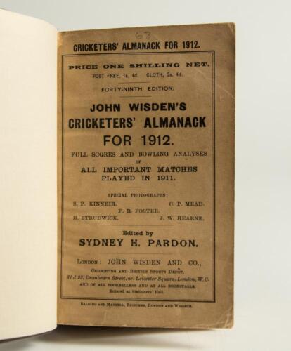 Wisden Cricketers&rsquo; Almanack 1912 and 1915. 49th & 52nd editions. Both bound in dark brown boards, the 1912 with original wrappers, the 1915 with only front wrapper, title and date in gilt to spine. Odd minor faults otherwise in good condition