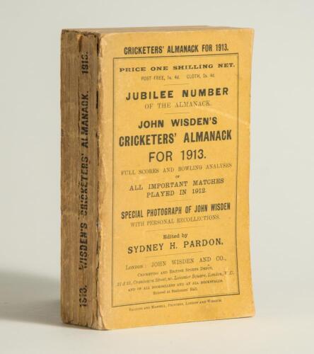 Wisden Cricketers&rsquo; Almanack 1913. 50th (Jubilee) edition. Original paper wrappers. Some wear to spine paper, some minor breaking to page block otherwise in good condition