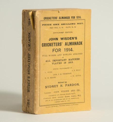 Wisden Cricketers&rsquo; Almanack 1914. 51st edition. Original paper wrappers. Some wear to spine paper, odd minor faults otherwise in good condition