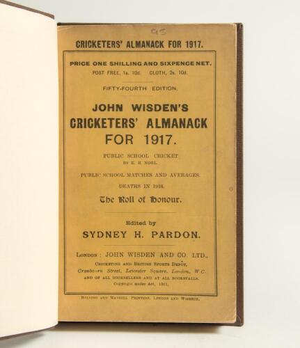 Wisden Cricketers&rsquo; Almanack 1917. 54th edition. Bound in dark brown boards,with original paper wrappers, with gilt titles to spine. Very good+ condition. Rare war-time edition