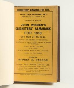 Wisden Cricketers&rsquo; Almanack 1918. 55th edition. Bound in dark brown boards,with original paper wrappers, with gilt titles to spine. Very good+ condition. Rare war-time edition