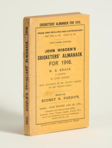 Wisden Cricketers&rsquo; Almanack 1916. 53rd edition. Original paper wrappers. Minor loss to the head of the spine paper, very odd minor faults otherwise in very good condition. Rare war-time edition