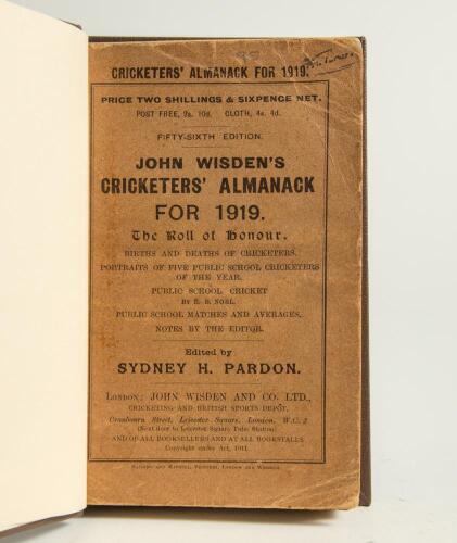 Wisden Cricketers&rsquo; Almanack 1919. 56th edition. Bound in dark brown boards,with original paper wrappers, with gilt titles to spine. Wear and age toning to both wrappers, some loss of surface print detail to rear wrapper otherwise in good condition. Rare w