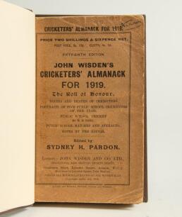 Wisden Cricketers&rsquo; Almanack 1919. 56th edition. Bound in dark brown boards,with original paper wrappers, with gilt titles to spine. Wear and age toning to both wrappers, some loss of surface print detail to rear wrapper otherwise in good condition. Rare w