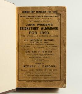 Wisden Cricketers&rsquo; Almanack 1920 and 1921. 57th & 58th editions. Both bound in dark brown boards, with original wrappers, title and date in gilt to spine. Some staining, wear and age toning to the wrappers of the 1920 edition, some wear and darkening to t