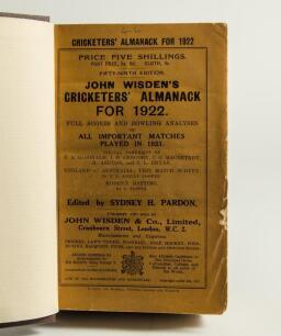 Wisden Cricketers&rsquo; Almanack 1922 and 1925. 59th & 62nd editions. Both bound in dark brown boards, with original wrappers, title and date in gilt to spine. Some wear with slight loss to wrapper edges of the 1922 edition, the wrappers of the 1925 edition st