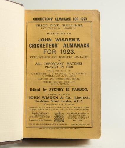 Wisden Cricketers&rsquo; Almanack 1923. 60th edition. Bound in dark brown boards, with original wrappers, title and date in gilt to spine. Good/very good condition