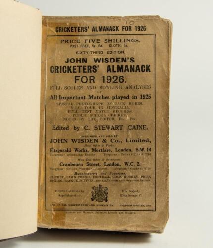 Wisden Cricketers&rsquo; Almanack 1926, 1927 and 1928. 63rd, 64th & 65th editions. All three edition bound in dark brown boards, with original wrappers, title and date in gilt to spine. Soiling, wear and age toning to the wrappers of the 1926 and 1928 editions 