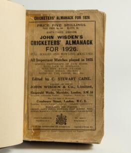 Wisden Cricketers&rsquo; Almanack 1926, 1927 and 1928. 63rd, 64th & 65th editions. All three edition bound in dark brown boards, with original wrappers, title and date in gilt to spine. Soiling, wear and age toning to the wrappers of the 1926 and 1928 editions 
