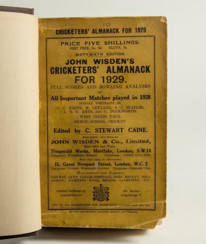 Wisden Cricketers&rsquo; Almanack 1929 and 1930. 66th & 67th editions. Both bound in dark brown boards, with original wrappers, title and date in gilt to spine. Some wear and loss to wrapper corners and edges of each edition otherwise in good condition. Qty 2