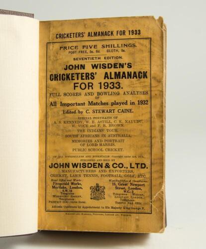 Wisden Cricketers&rsquo; Almanack 1933 and 1934. 70th & 71st editions. Both bound in dark brown boards, with original wrappers, title and date in gilt to spine. Some wear, soiling and age toning to wrappers otherwise in generally good condition. Qty 2