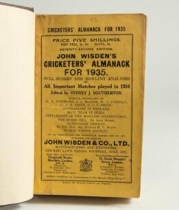 Wisden Cricketers&rsquo; Almanack 1935 and 1936. 72nd & 73rd editions. Both bound in dark brown boards, with original wrappers, title and date in gilt to spine. The 1935 edition in good condition, the 1936 with staining to wrappers otherwise in good condition. 