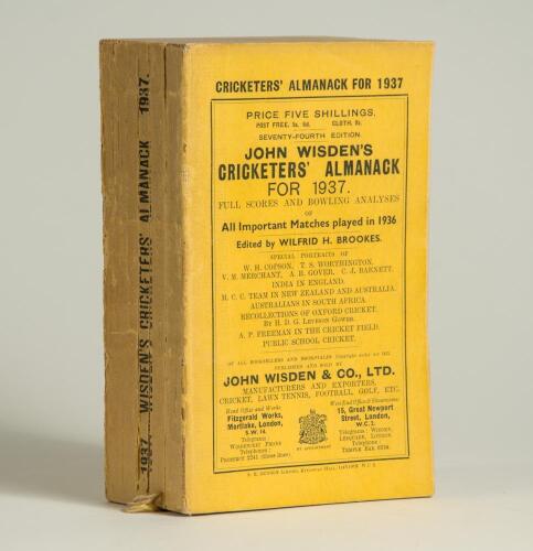 Wisden Cricketers&rsquo; Almanack 1937. 74th edition. Original paper covers. Slight bowing and wear to spine otherwise in good condition