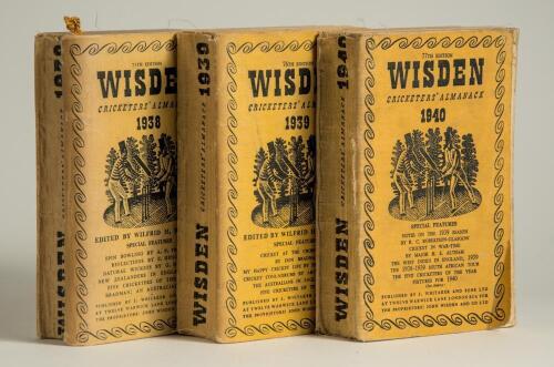 Wisden Cricketers&rsquo; Almanack 1938, 1939 and 1940. 75th, 76th & 77th editions. Original cloth covers. Bowing to the spines of all three and wear to wrappers otherwise in fair condition