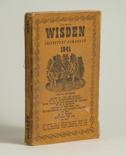 Wisden Cricketers&rsquo; Almanack 1941. 78th edition. Original limp cloth covers. Only 3200 paper copies printed in this war year. Worn and soiled covers and spine paper, breaking to front and rear internal hinges, soiling to page block otherwise in generally g