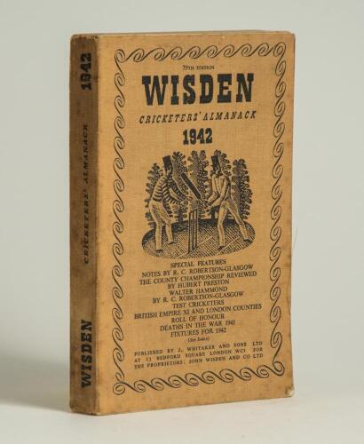Wisden Cricketers&rsquo; Almanack 1942. 79th edition. Original limp cloth covers. Only 4100 paper copies printed in this war year. Some wear and discolouration to covers and spine paper, soiling to page block edge otherwise in good condition. Rare war-time edit