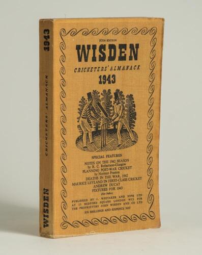 Wisden Cricketers&rsquo; Almanack 1943. 80th edition. Original limp cloth covers. Only 5600 paper copies printed in this war year. Slight discolouration to covers otherwise in good condition. Rare war-time edition