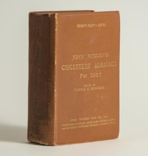 Wisden Cricketers&rsquo; Almanack 1937. 74th edition. Original hardback. Dulling to the gilt titles on the spine paper and to a lesser extent the front board, some wear to the spine paper otherwise in good/very good condition