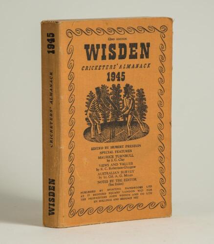 Wisden Cricketers&rsquo; Almanack 1945. 82nd edition. Original limp cloth covers. Only 6500 paper copies printed in this war year. Slightly cocked spine to the right, some very slight discolouration to covers otherwise in good condition. Rare war-time edition