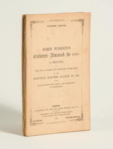 Wisden Cricketers&rsquo; Almanack 1870. 7th edition. Original paper wrappers. Light soiling to wrappers otherwise in very good condition for its age and scarcity. Pages checked, complete