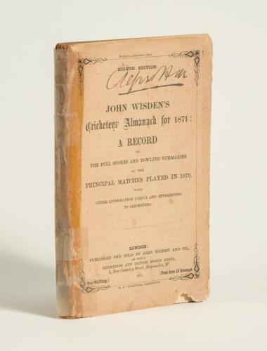 Wisden Cricketers&rsquo; Almanack 1871. 8th edition. Original paper wrappers. Old tape to spine and vertical edge of wrappers near to the spine, some wear to wrappers, small loss to the lower border of the front wrapper and bottom corner of the rear wrapper, ha