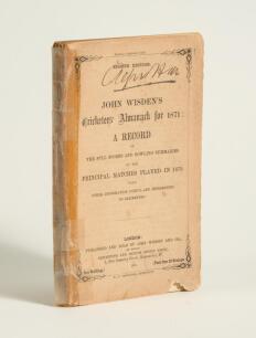Wisden Cricketers&rsquo; Almanack 1871. 8th edition. Original paper wrappers. Old tape to spine and vertical edge of wrappers near to the spine, some wear to wrappers, small loss to the lower border of the front wrapper and bottom corner of the rear wrapper, ha