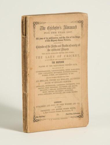 Wisden Cricketers&rsquo; Almanack 1867. 4th edition. Original paper wrappers. Some loss of spine paper, slight breaking to page block, some wear and age toning to wrappers otherwise good/very good condition for its age and scarcity. Pages checked, complete