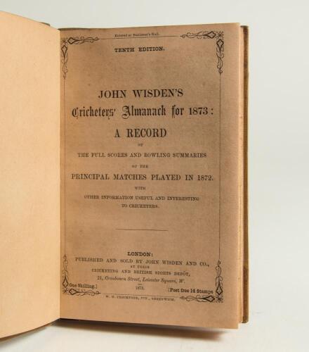 Wisden Cricketers&rsquo; Almanack 1873. 10th edition. Bound in quarter leather brown boards, with original paper wrappers, gilt titles to spine, red speckled page edges. Very good condition. Pages checked, complete