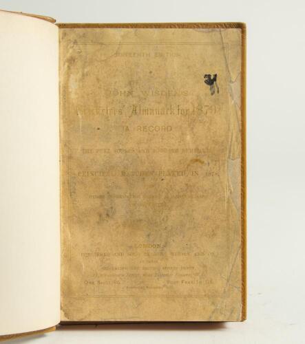 Wisden Cricketers&rsquo; Almanack 1879. 16th edition. Bound in quarter leather brown boards, with original paper wrappers, gilt titles to spine, red speckled page edges. Poor, faded and worn wrappers, internally in good/very good condition. Pages checked, compl