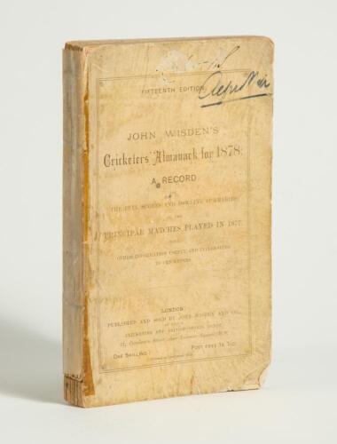 Wisden Cricketers&rsquo; Almanack 1878. 15th edition. Original paper wrappers. Wear, fading and slight loss to wrappers and spine paper, tape to spine and vertical edge of the wrappers, handwritten signature of ownership to the top corner of the front wrapper, 