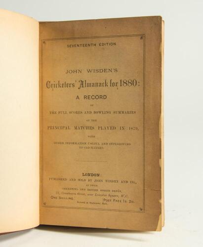 Wisden Cricketers&rsquo; Almanack 1880. 17th edition. Bound in brown boards, with original paper wrappers, gilt titles to spine. Some age toning to wrappers, slight loss to front wrapper extremities otherwise in good/very good condition