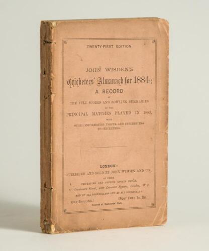 Wisden Cricketers&rsquo; Almanack 1884. 21st edition. Original paper wrappers. Some wear to spine with small amount of loss to spine paper, some wear and slight soiling to wrappers, some slight breaking to book block otherwise in good condition