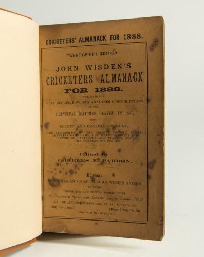 Wisden Cricketers&rsquo; Almanack 1888. 25th edition. Bound in light brown boards, with original paper wrappers, gilt titles to front board and spine. Some staining to the front wrapper and to a lesser extent the rear wrapper, odd further minor faults otherwise